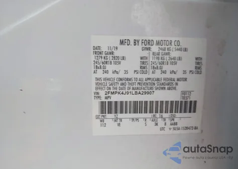 2020 Ford Edge Sel из США, поврежденный, VIN 2FMPK4J91LBA29907